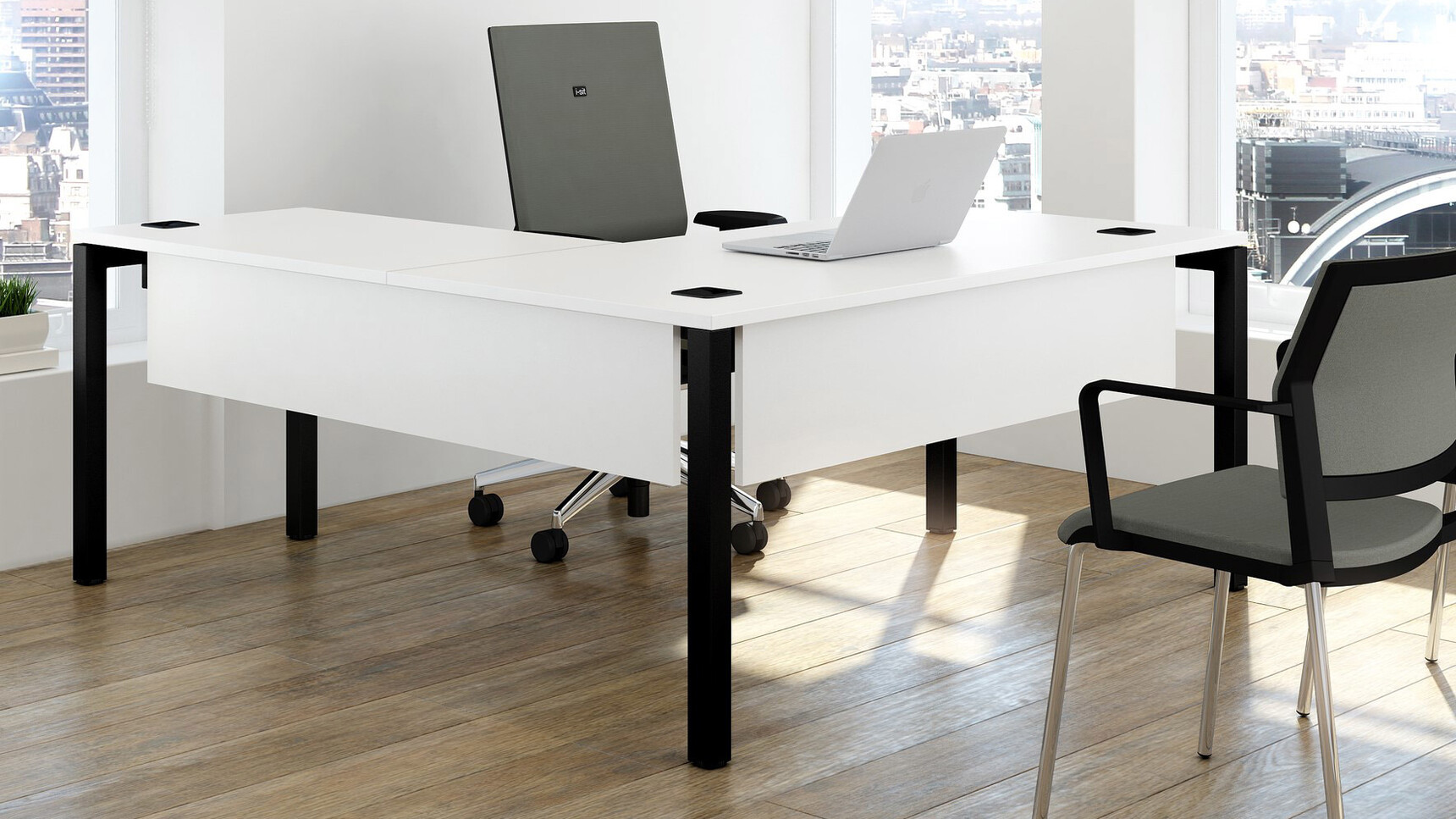 Elite Office Furniture Matrix Managers Workstation White Finish Black Frame In Office Setting