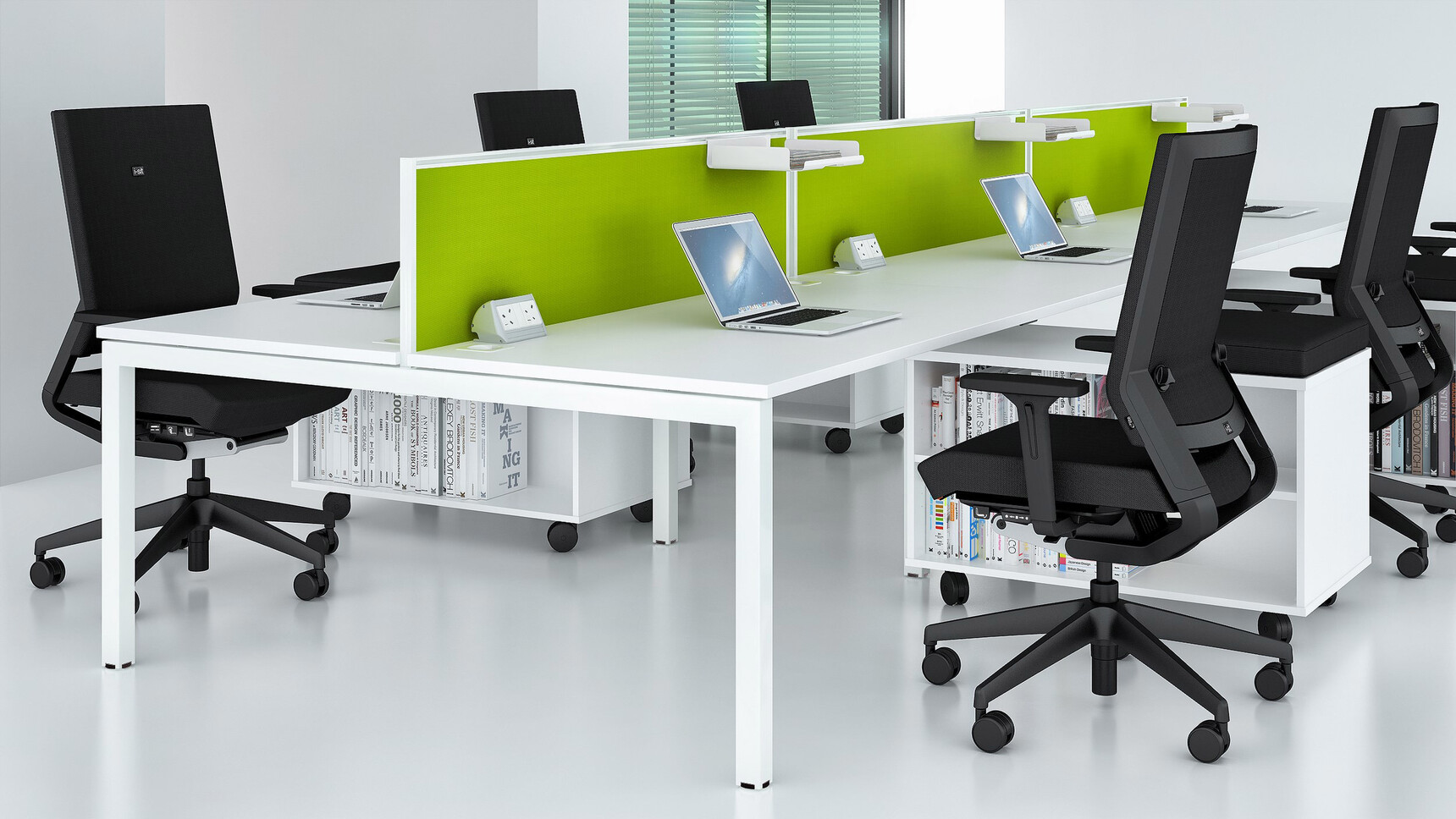 Elite Office Furniture Matrix Double Bench Desk White Finish With Black Chairs Office Setting