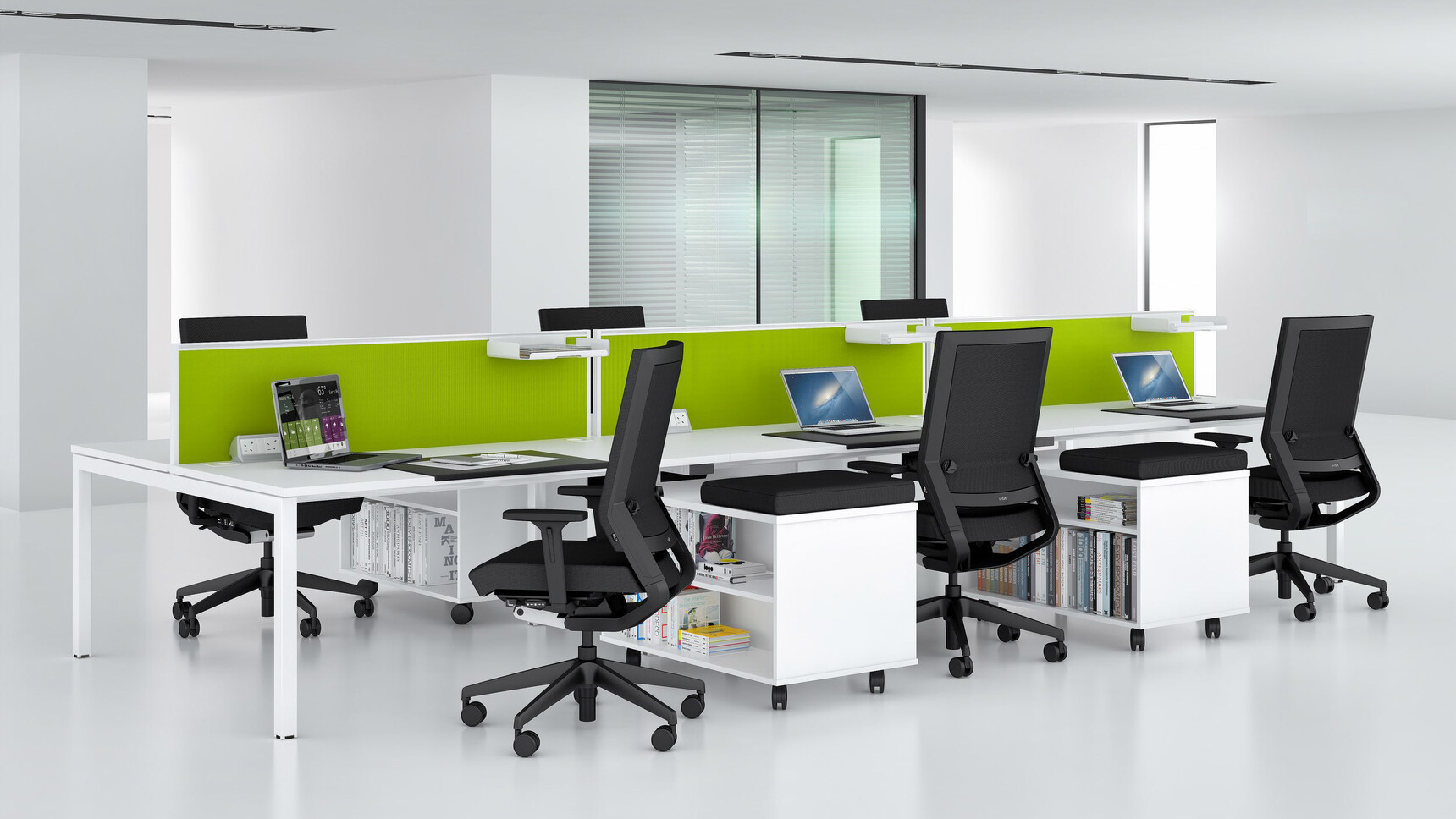 Elite Office Furniture Matrix Double Bench Desk White Finish With Black Chairs Screens Office Setting