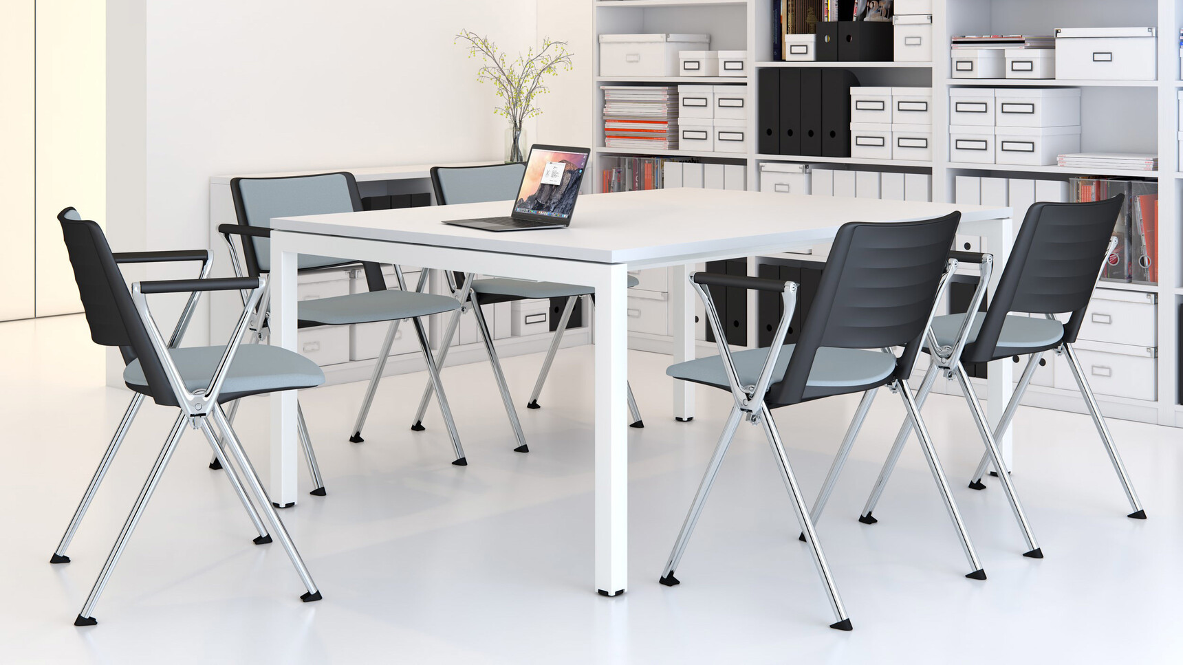 Elite Office Furniture Matrix Bench Desk White Finish With Five Chairs Family Image