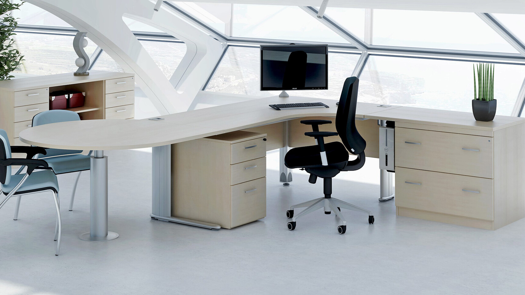 Elite Office Furniture Optima Plus Crescent Workstation Wood Finish In Office Setting