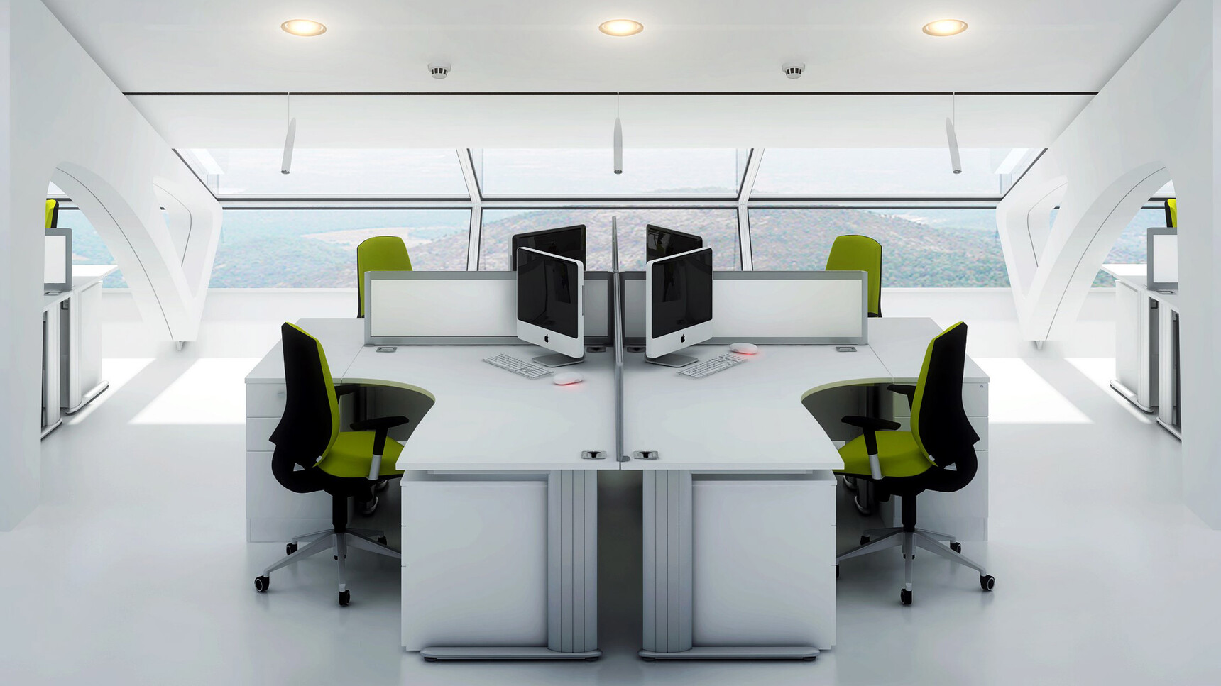 Elite Office Furniture Optima Plus Crescent Workstations with Three Drawer Desk High Pedestals In Office Setting