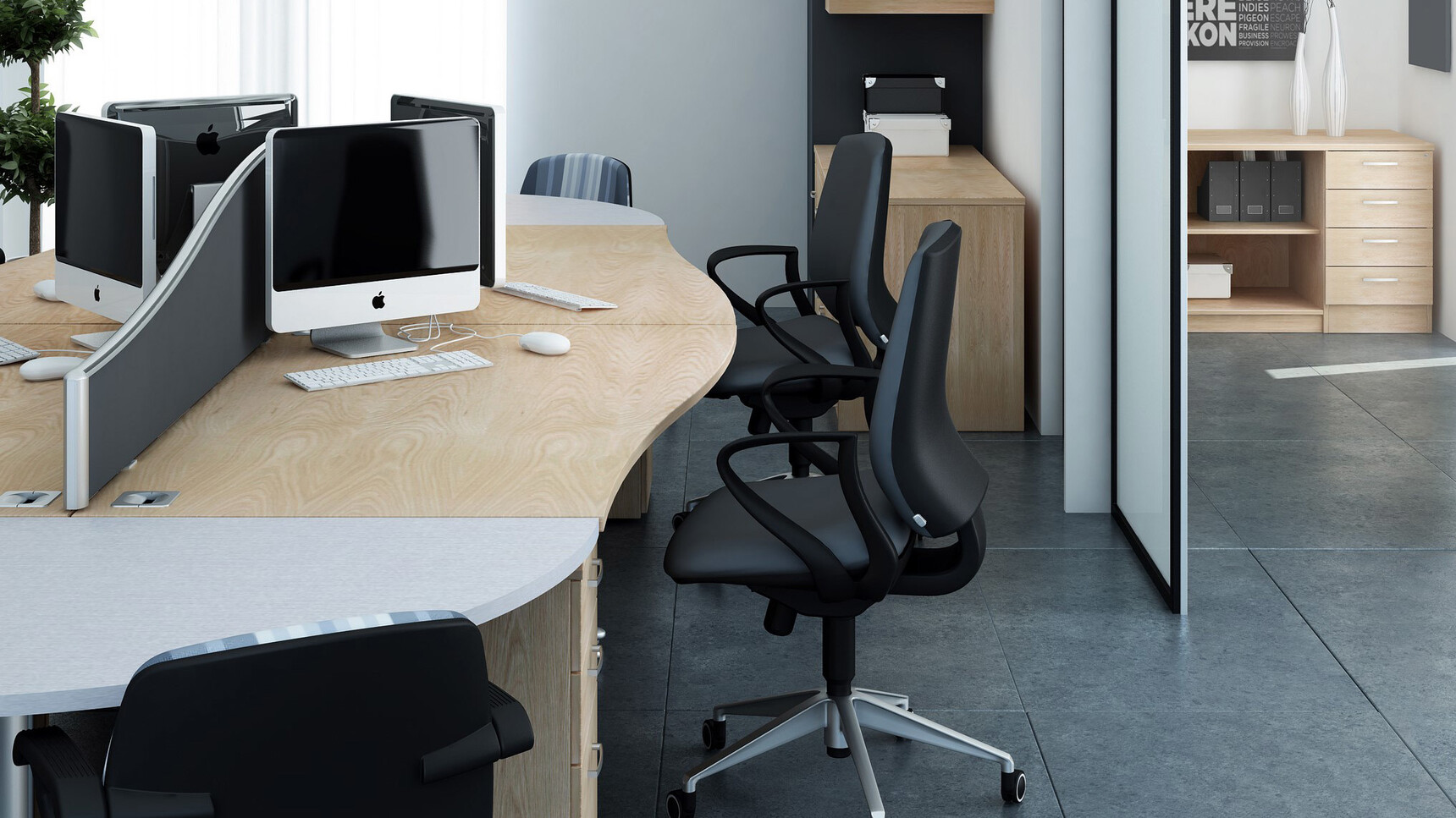 Elite Office Furniture Optima Plus Single Wave Desks Wood Finish Detail Image With Chairs