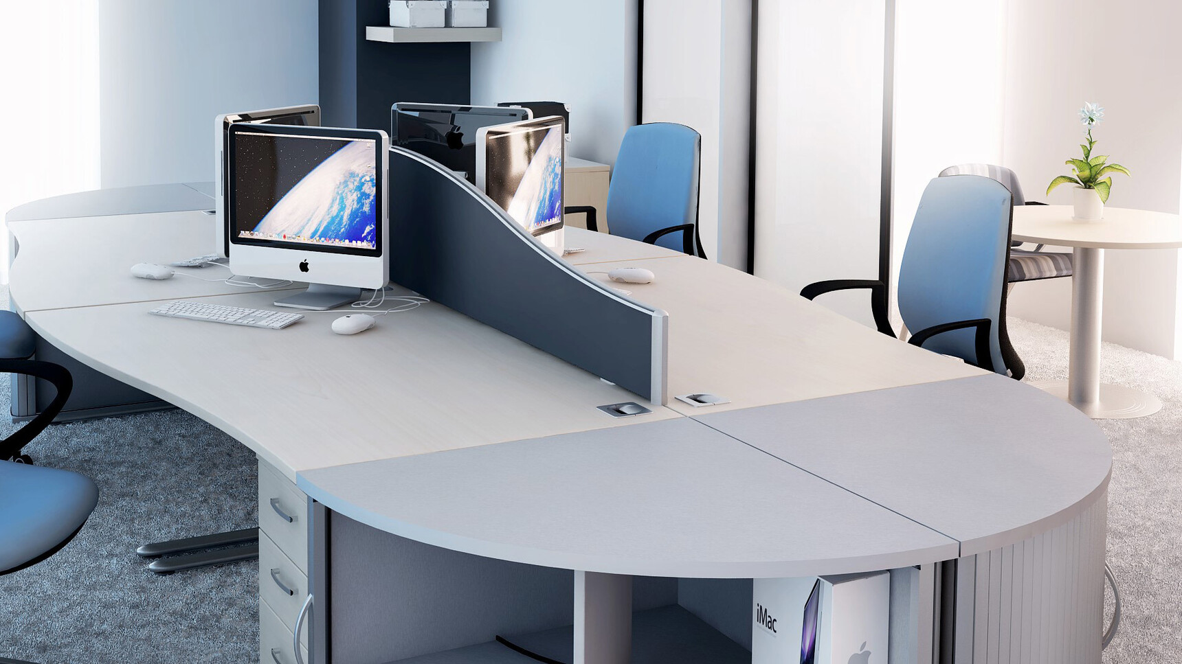 Elite Office Furniture Optima Plus Single Wave Desks With Chairs In Office Setting Detail Image