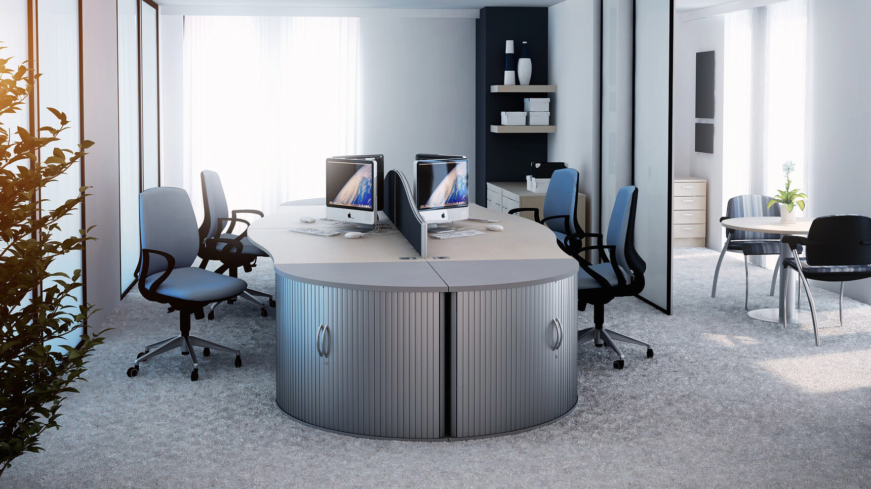 Elite Office Furniture Optima Plus Single Wave Desks With Chairs In Office Setting