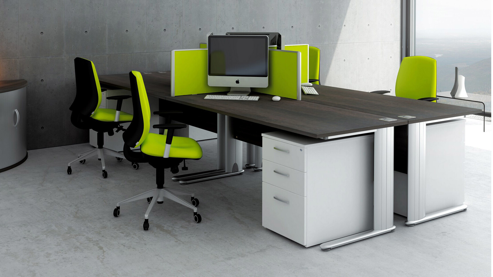Elite Office Furniture Optima Plus Rectangular Desks Wood Finish With Green Chairs In Office Setting