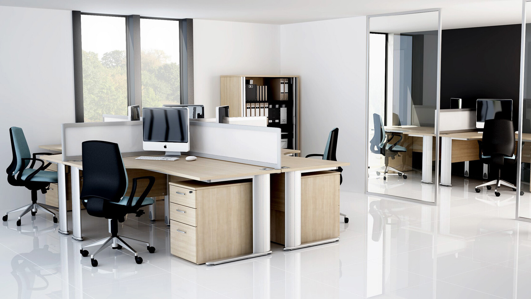 Elite Office Furniture Optima Plus Symmetrical Crescent Workstation Wood Finish With Chairs In Office