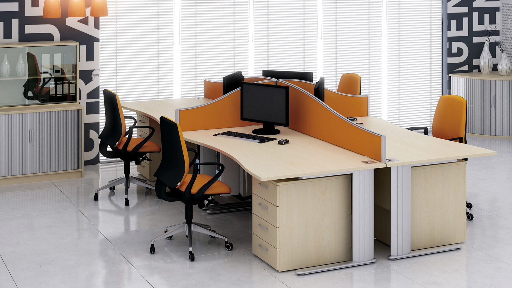 Elite Office Furniture Optima Plus Double Wave Desks Wood Finish Orange Chairs In Office