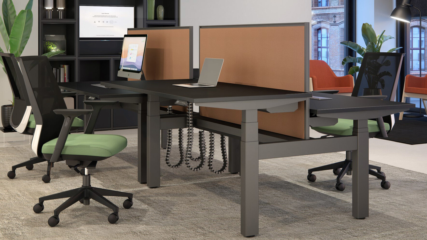 Elite Office Furniture Progress Plus Electric Height Adjustable Bench Desks Black Finish In Office Setting