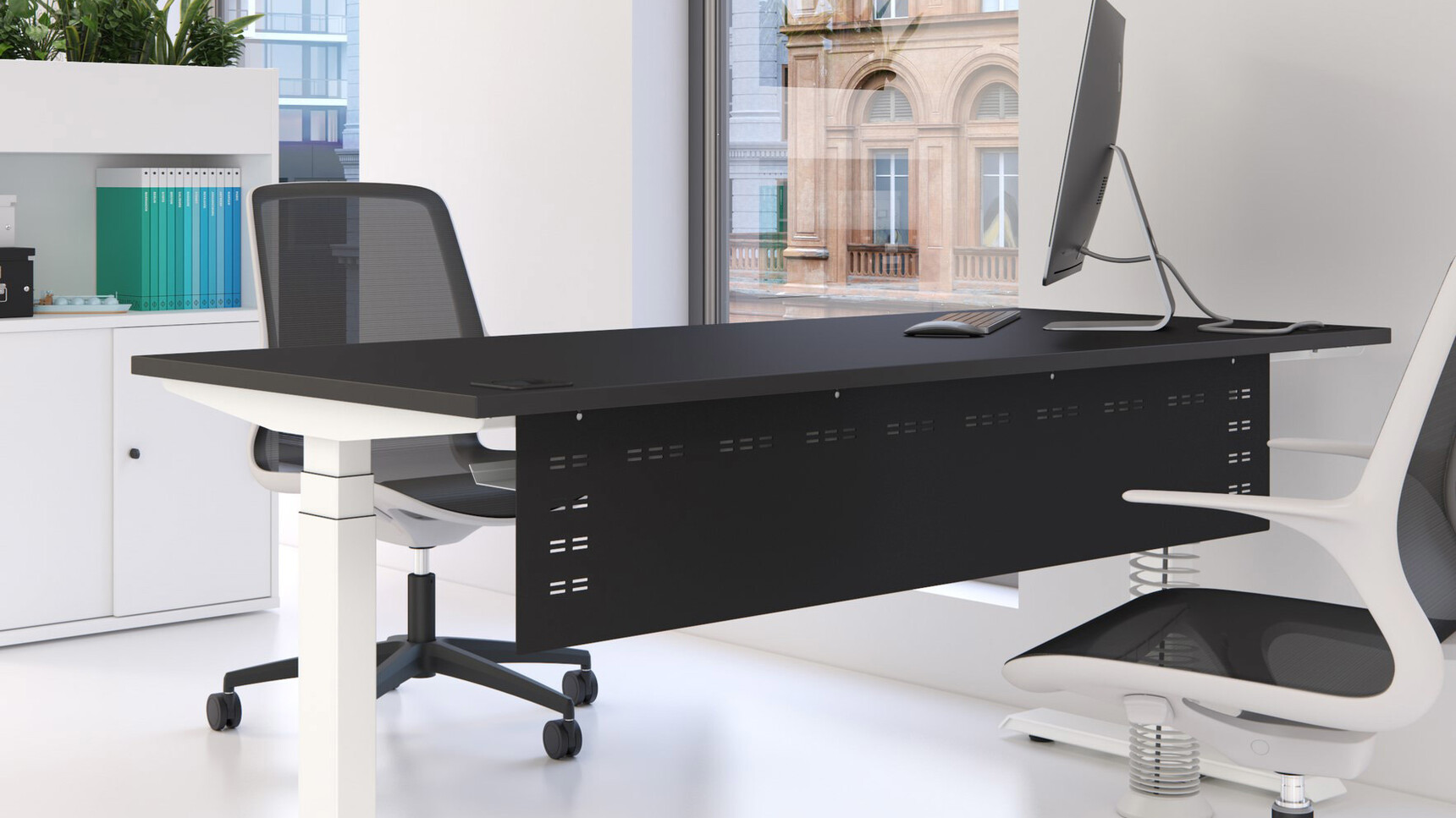 Elite Office Furniture Progress Plus Electric Height Adjustable Desk Black Finish Modesty Panel Detail Image