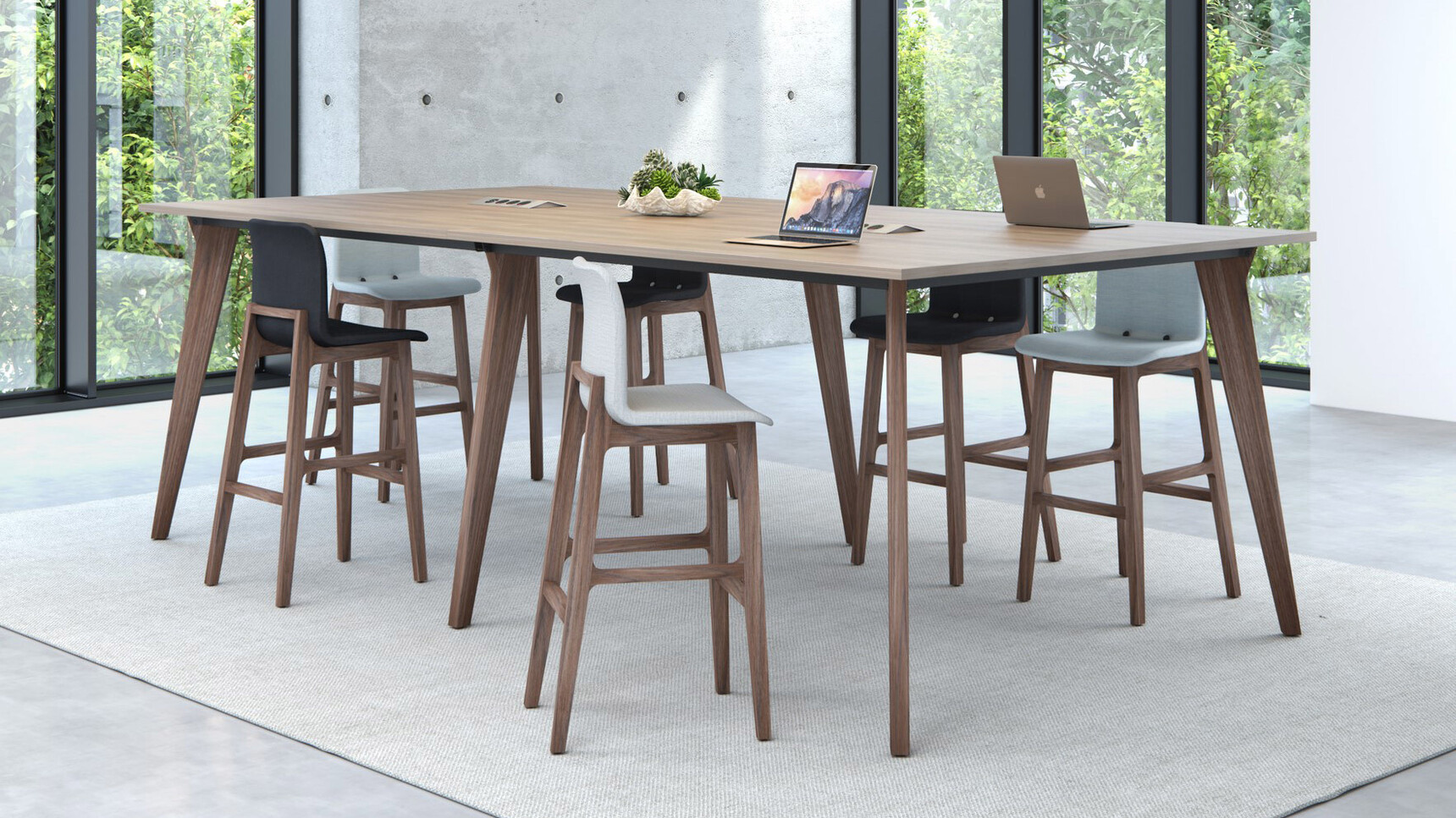 Elite Office Furniture Lux Double Bench Desk Wood Finish With Stools In Office Setting