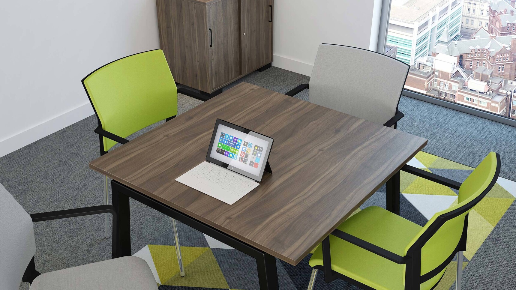 Elite Office Furniture Linnea Meeting Table With Grey Green Chairs At Table Overhead Detail Image