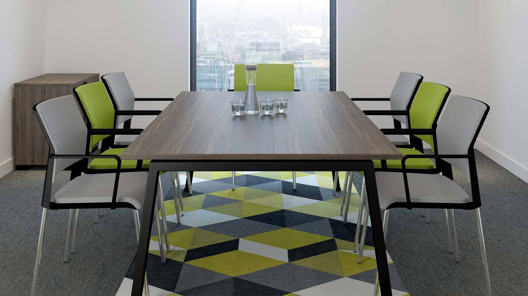 Elite Office Furniture Linnea Meeting Table With Grey Green Chairs At Table