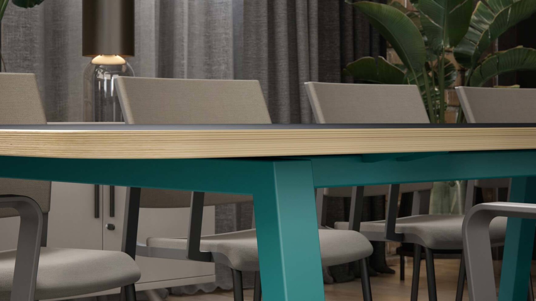 Elite Office Furniture Linnea Double D Ended Conference Table Wood Finish Teal Frame Detail Image