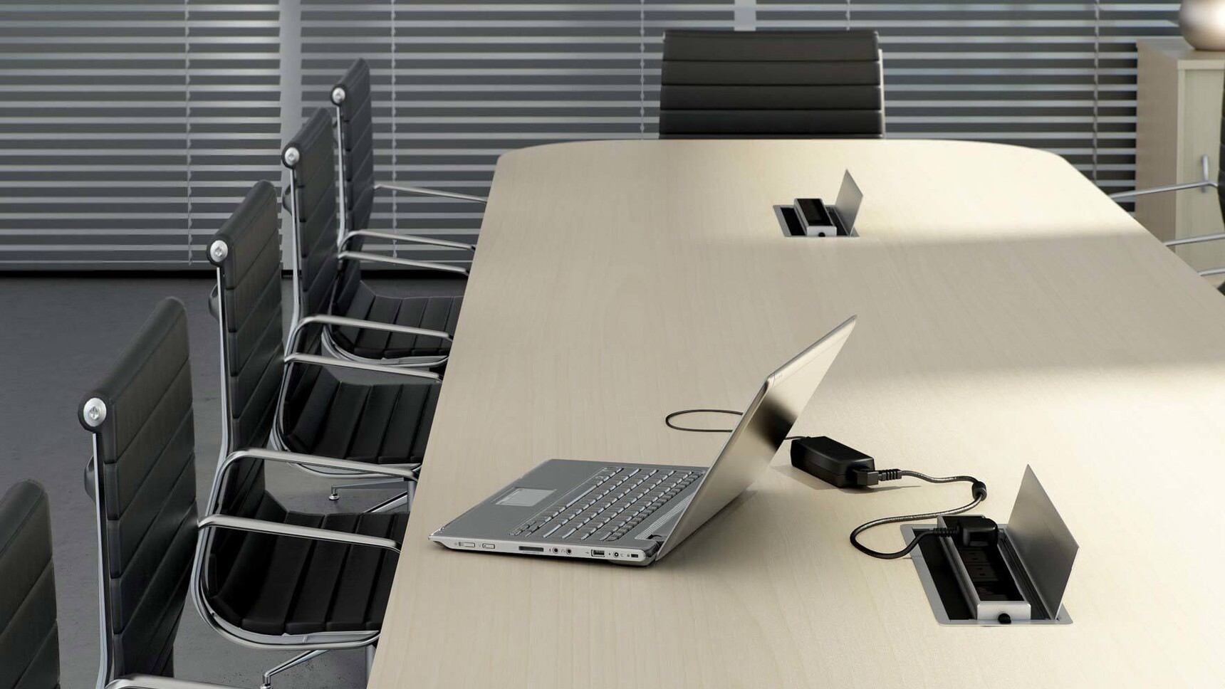 Elite Office Furniture Linnea Double D Ended Conference Table Wood Finish Laptop Detail Image