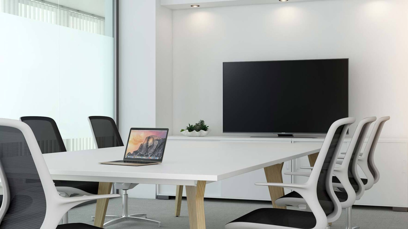 Elite Office Furniture Lux Square Meeting Table White Top Wood Frame With TV Detail Image