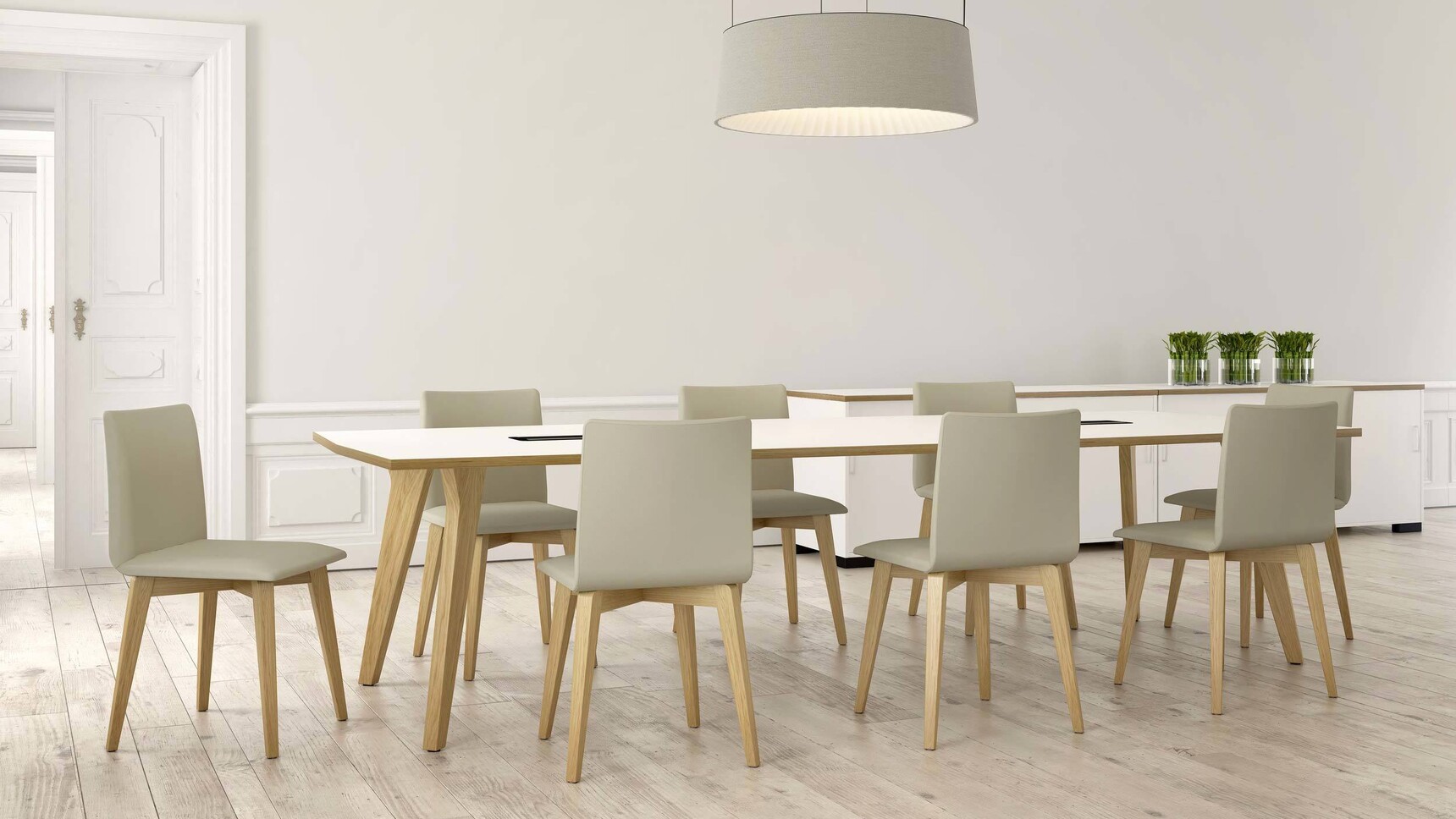 Elite Office Furniture Lux Square Meeting Table With Grey Chairs At Table In Meeting Setting