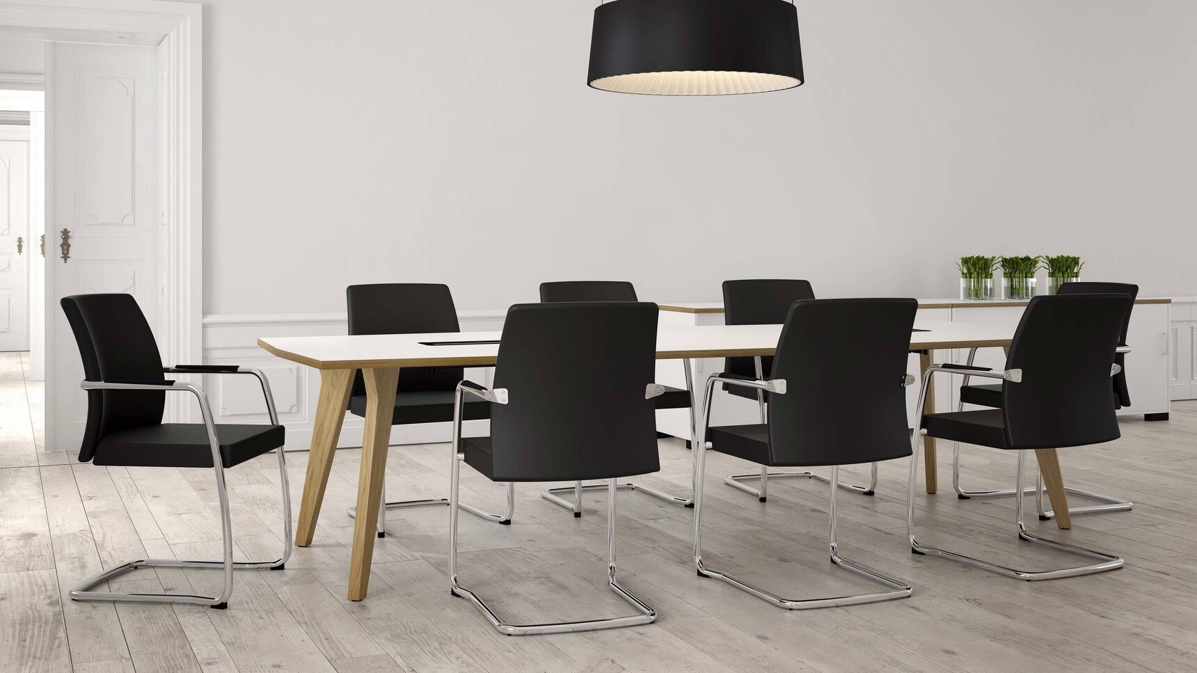 Elite Office Furniture Lux Square Meeting Table White Finish Black Cantilever Chairs In Office Setting