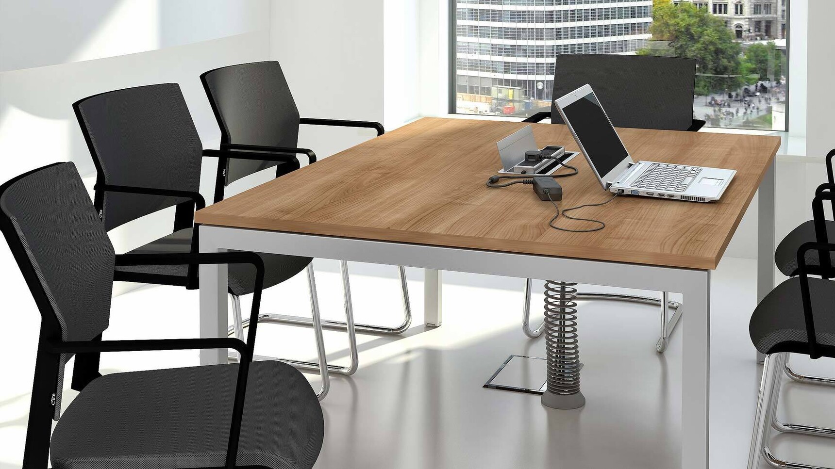Elite Office Furniture Matrix Meeting Table Wood Finish Black Chairs Detail Image