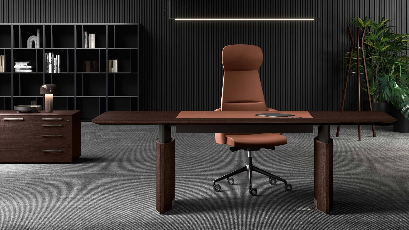 Bralco Eleva Height Adjustable Executive Desk With Chair In Office Setting