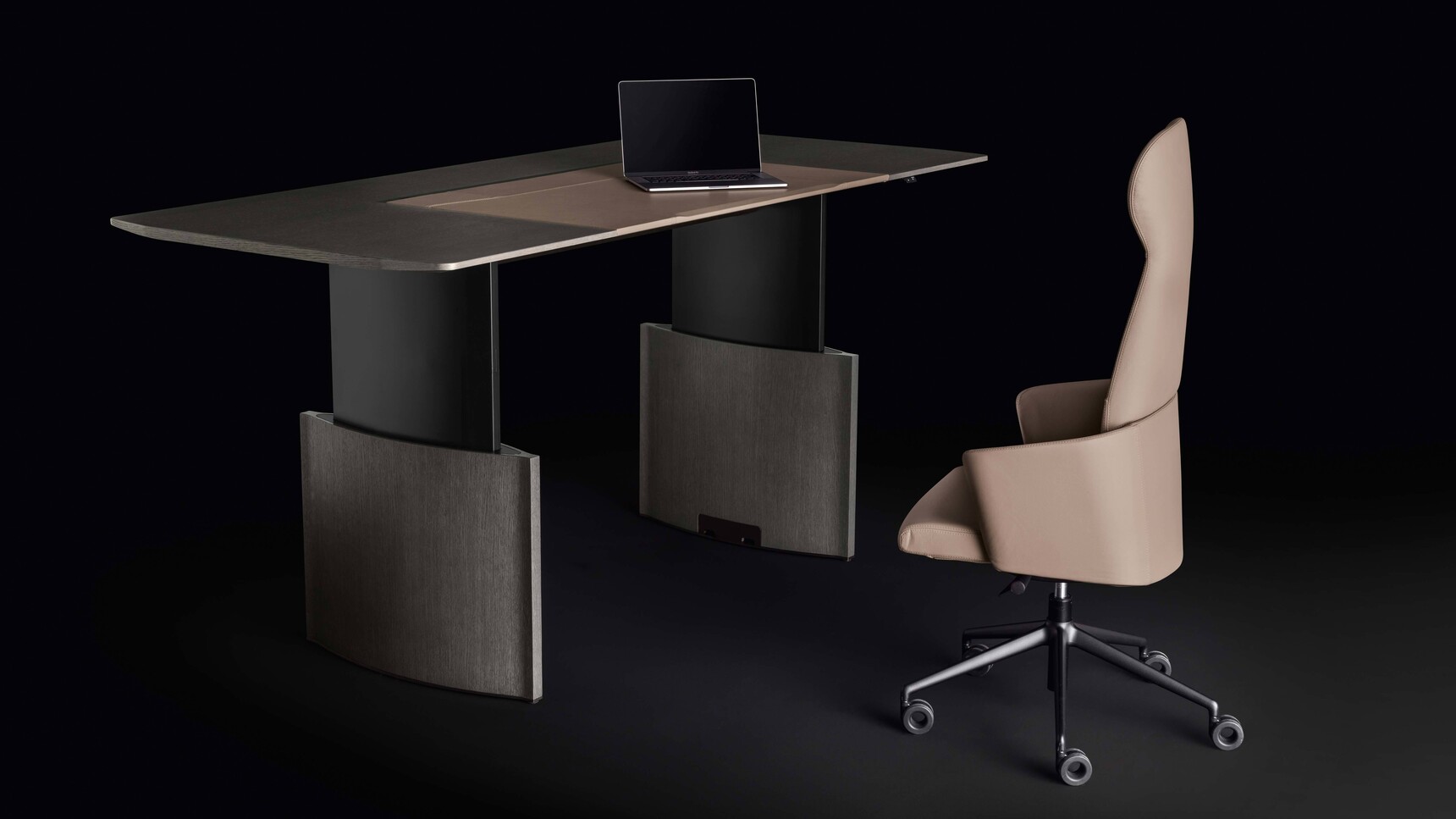 Bralco Eleva Height Adjustable Executive Desk Extended With Chair Family Image