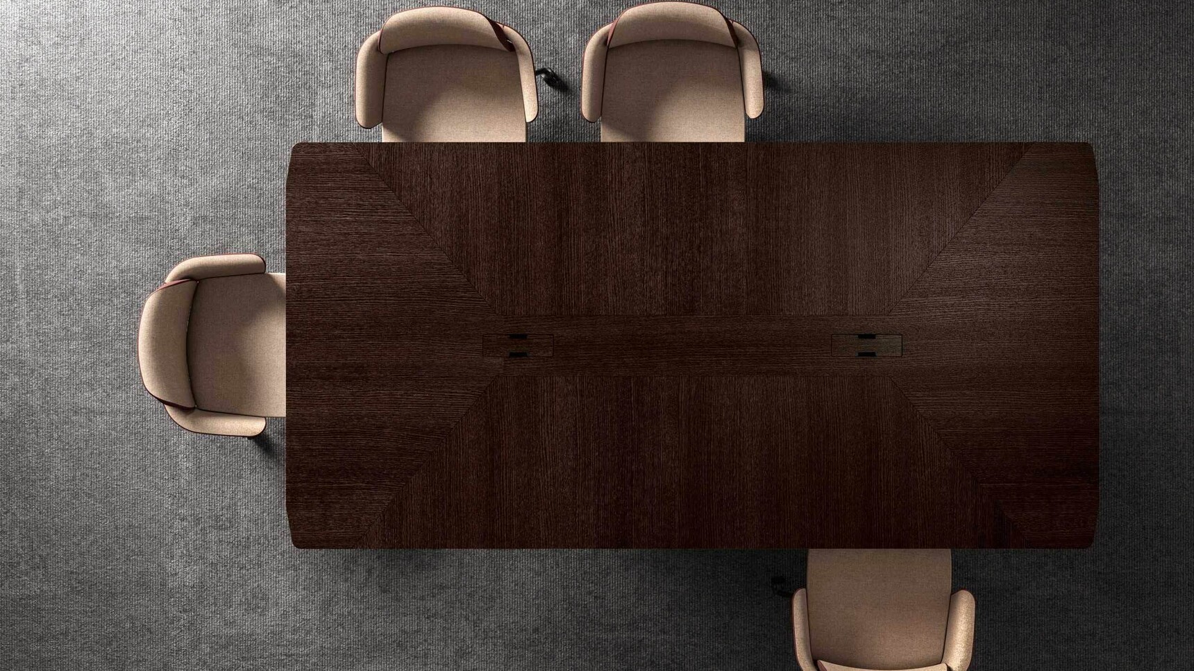 Bralco Trilo Shaped Meeting Table Wood Finish Overhead Image In Office Setting