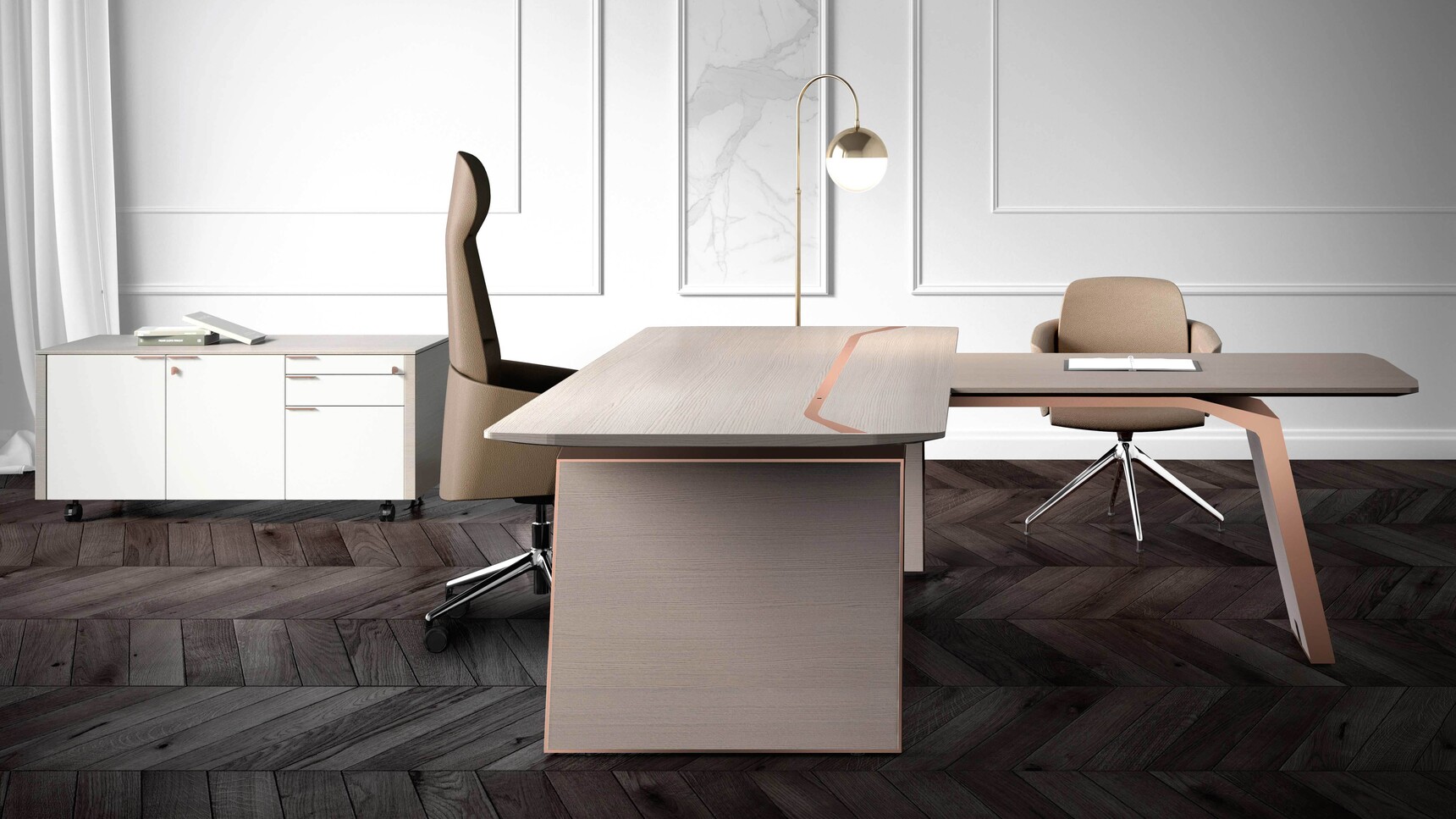 Bralco Metar L-Shaped Executive Office Desk With Conversation Top In Office Setting