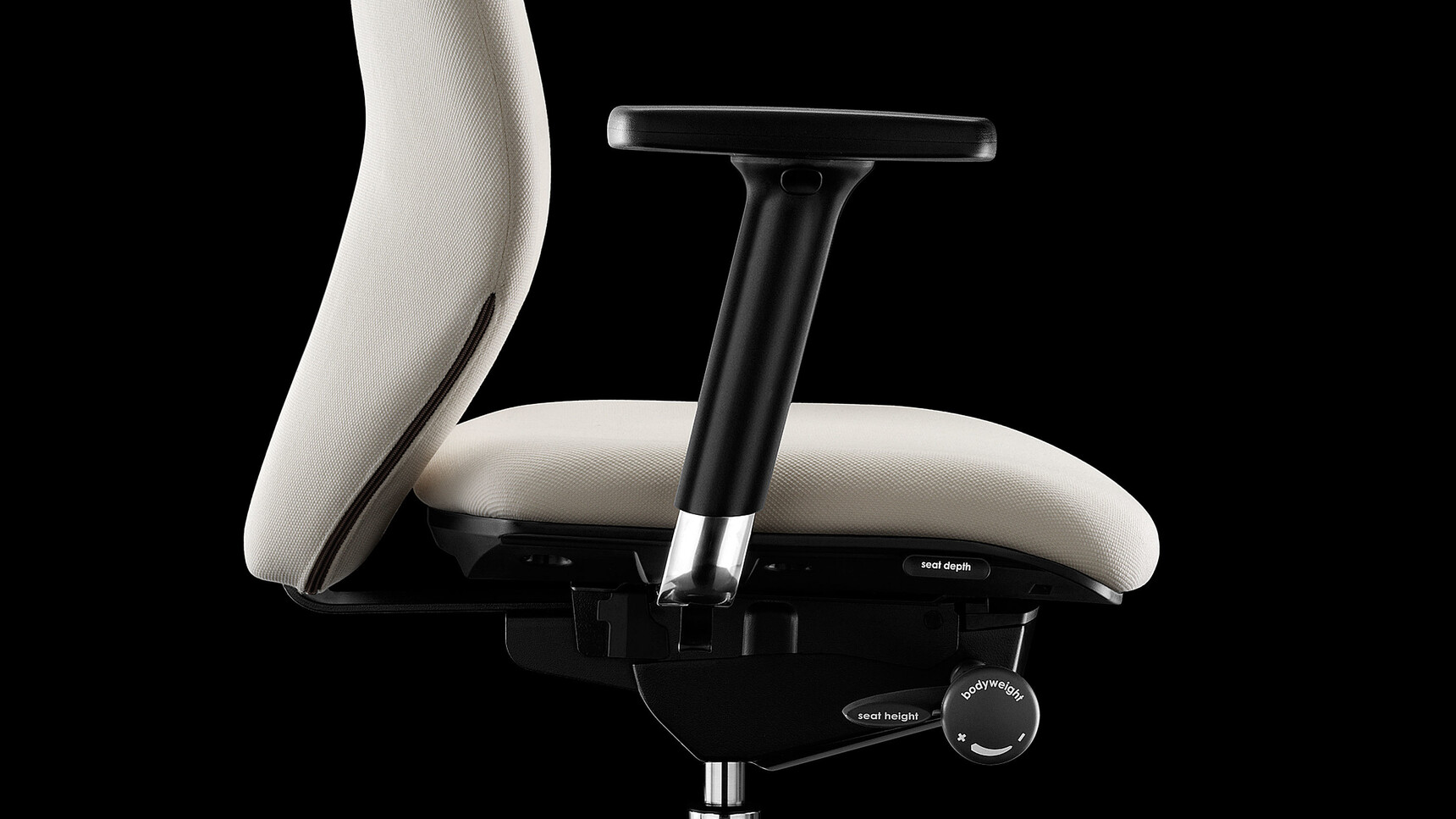 Boss Design Lily Upholstered Office Chair With White Upholstery And Black Polished Multi-Functional Arms And Polished Aluminium Base Side Angle With Black Background