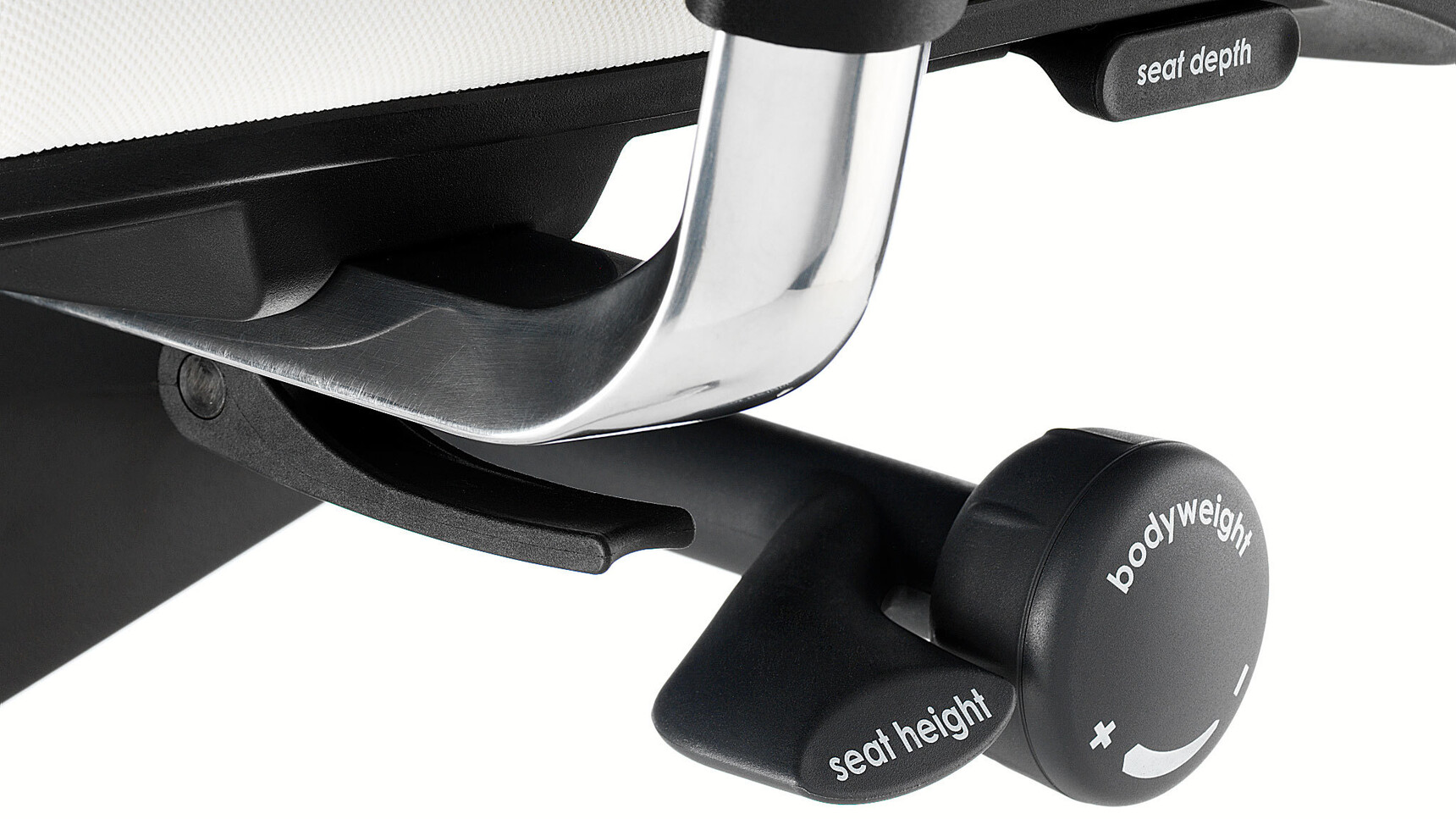 Boss Design Lily Upholstered Office Chair With White Upholstery And Black Polished Multi-Functional Arms Showing Controls For Seat Adjustment Detail Image