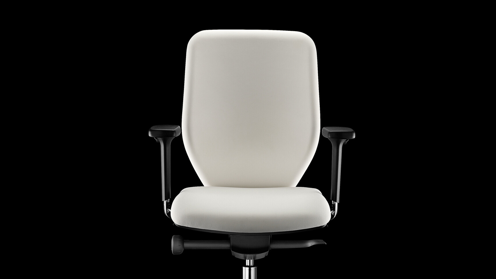 Boss Design Lily Upholstered Office Chair With White Upholstery And Black Polished Multi-Functional Arms And Polished Aluminium Base Front Angle With Black Background