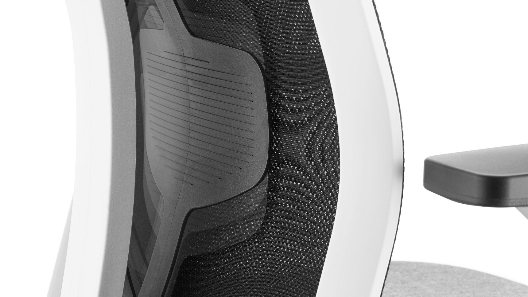 Boss Design Tauro Mesh Back Office Chair With Black Mesh Backrest And Grey Seat Upholstery And White Frame And Black Armrests Detail Image Showing Adjustable Lumbar Support