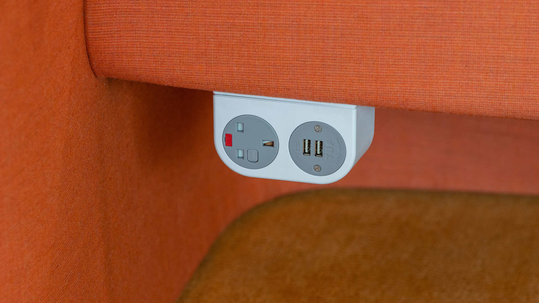 Boss Design Mango Workstation with Surround Screen In Orange Upholstery Showing Plug Socket Detail Image