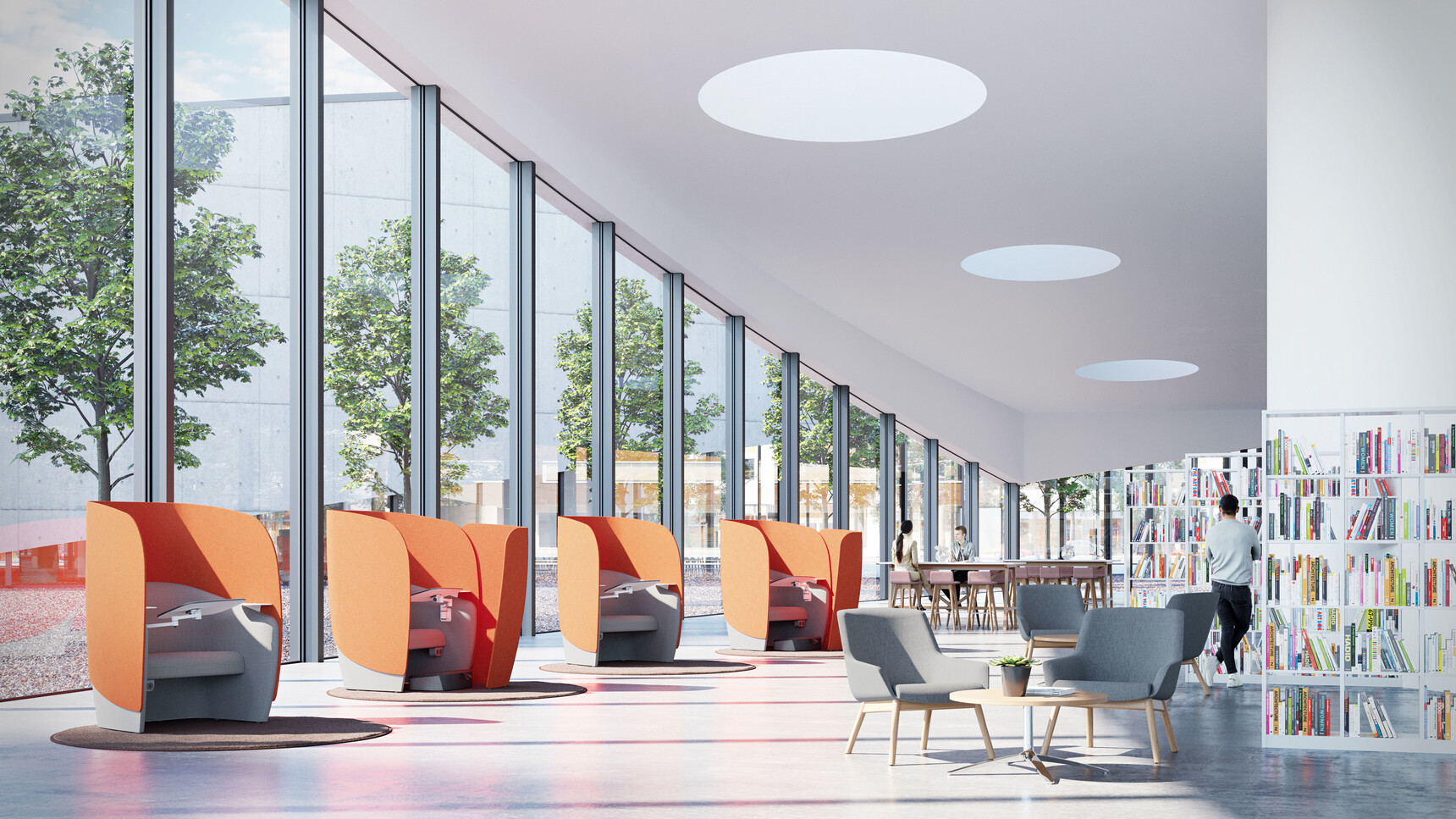 Four Boss Design Mango Workstations With High Upholstered Screen Surround Orange Blue Upholstery Right-Hand Writing Tablet Articulated Steel Arms In Library Setting