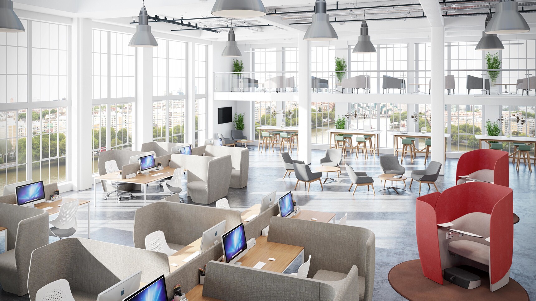 Two Boss Design Mango Workstations with Surround Screen With High Upholstered Screen Surround Red Grey Upholstery Right-Hand Writing Tablet Articulated Steel Arm