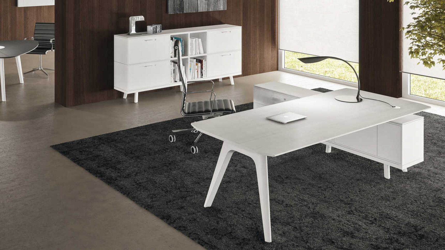 Bralco Rail L-Shaped Executive Office Desk With Return Storage Unit White Finish In Office Setting