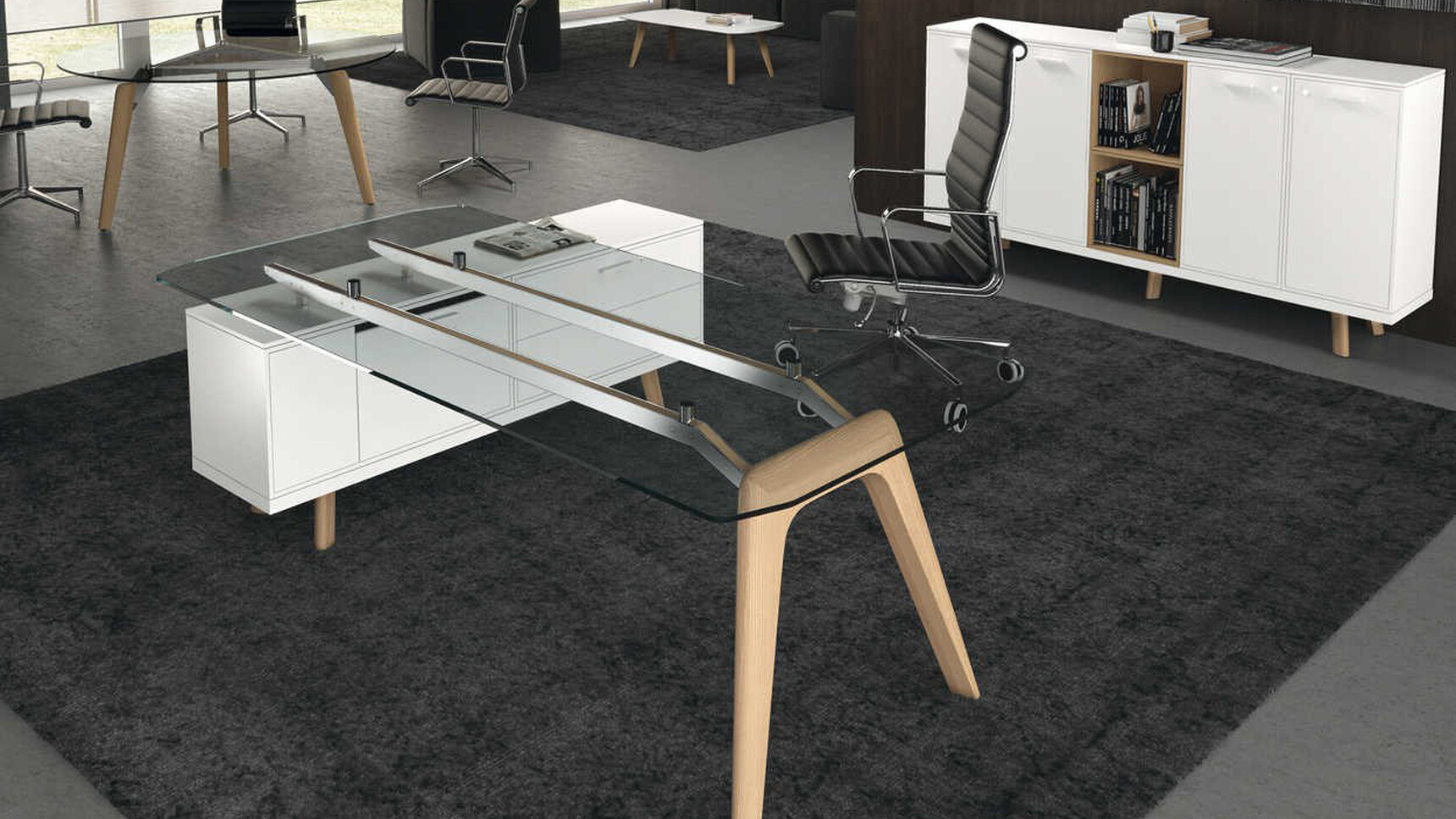 Bralco Rail L-Shaped Executive Office Desk With Return Storage Unit Glass Top In Office Setting