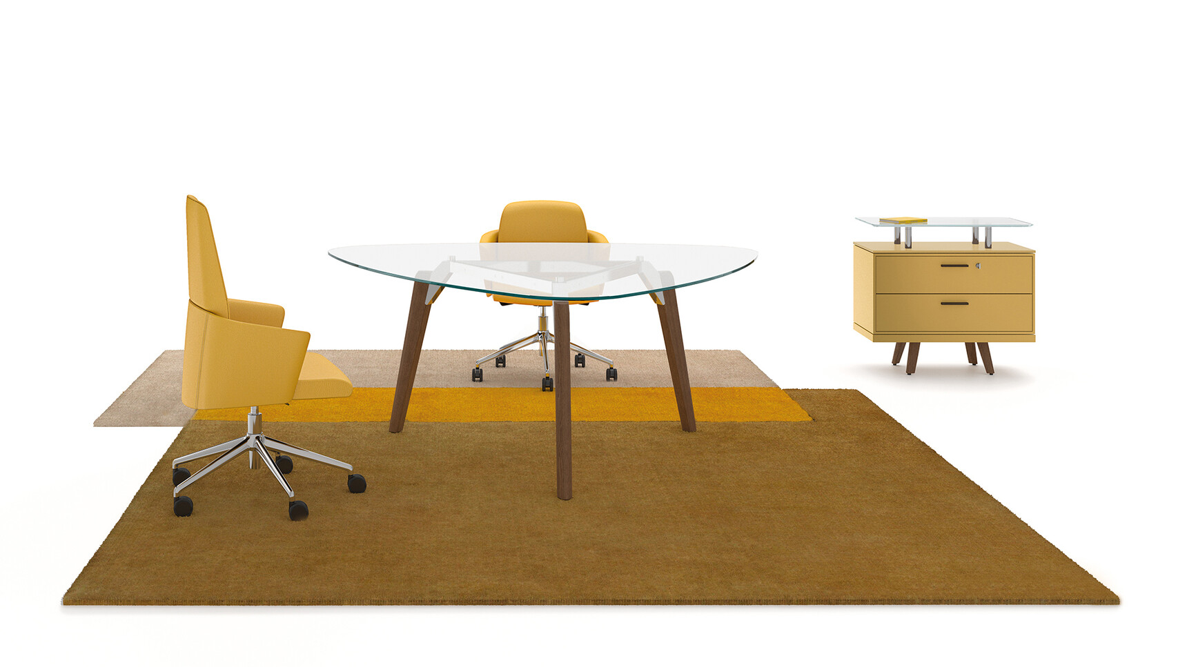 Bralco Rail Triangular Meeting Table Glass Top With Storage And Chairs Family Image