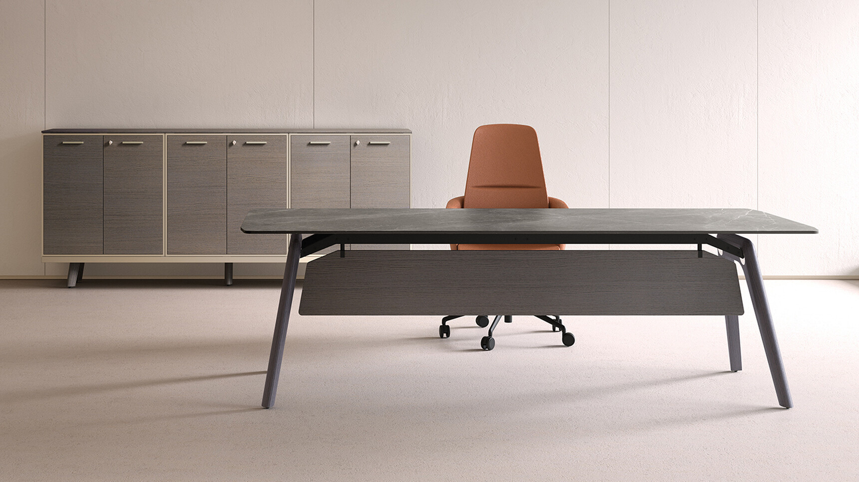Bralco Rail Executive Office Desk Wood Finish With Modesty Panel In Office Setting