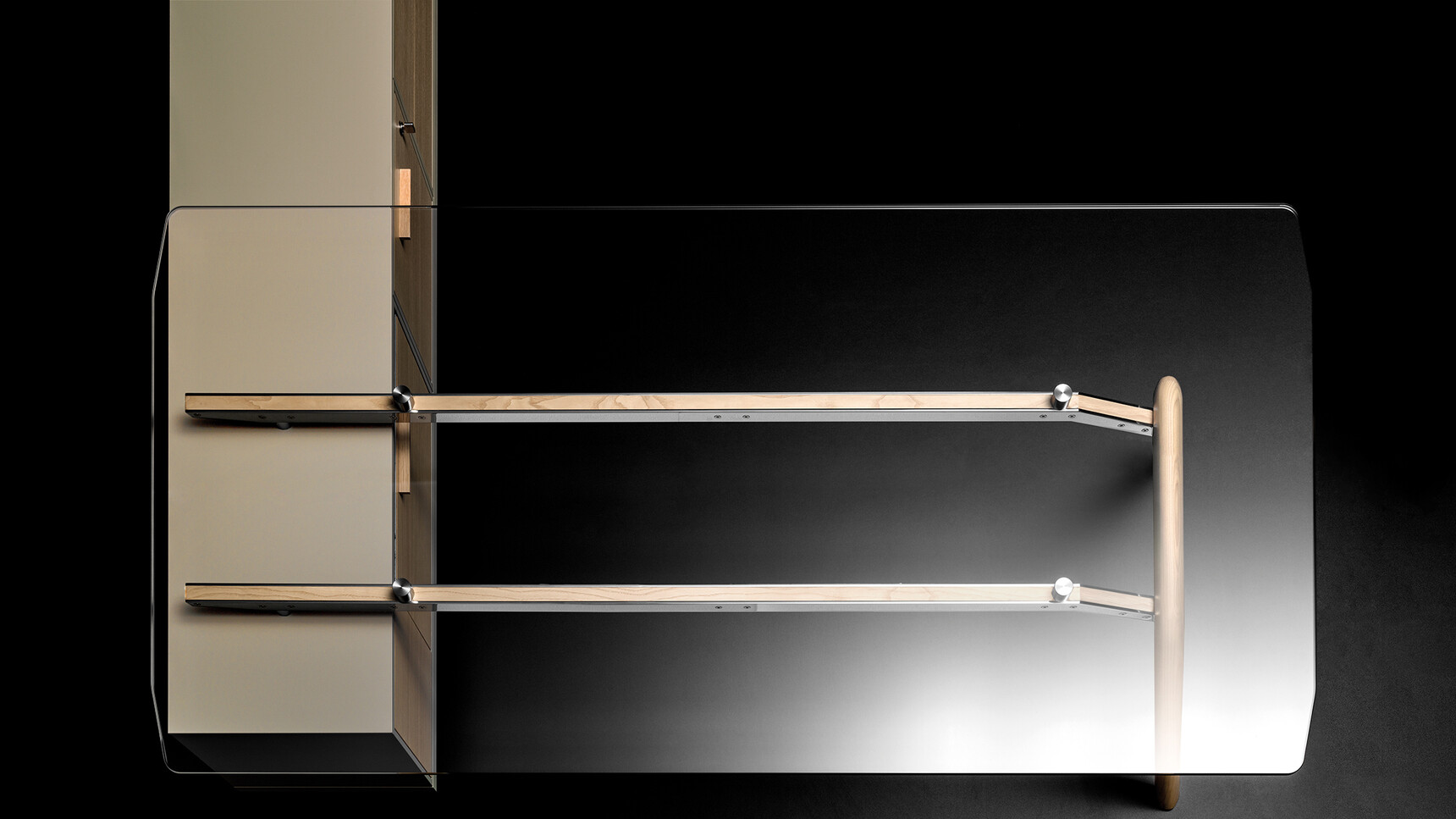 Bralco Rail L-Shaped Executive Office Desk With Return Storage Unit Glass Top Overhead Image