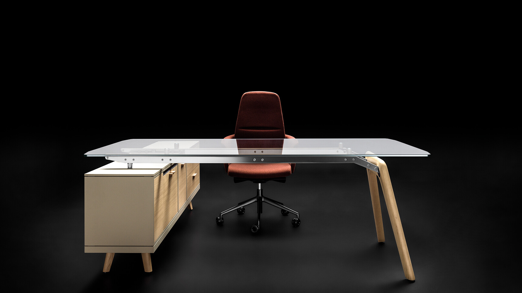 Bralco Rail L-Shaped Executive Office Desk With Return Storage Unit Glass Top Wood Storage In Situ