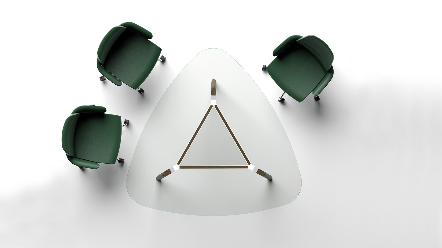 Bralco Rail Triangular Glass Meeting Table With Three Chairs Overhead Image