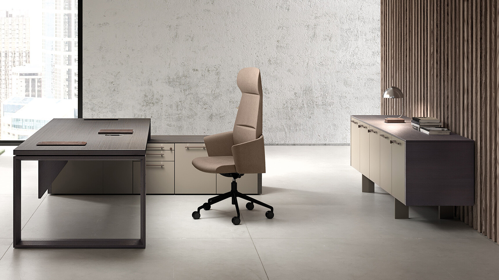 Bralco Arche Credenza Storage Unit With Executive Desk In Office Setting