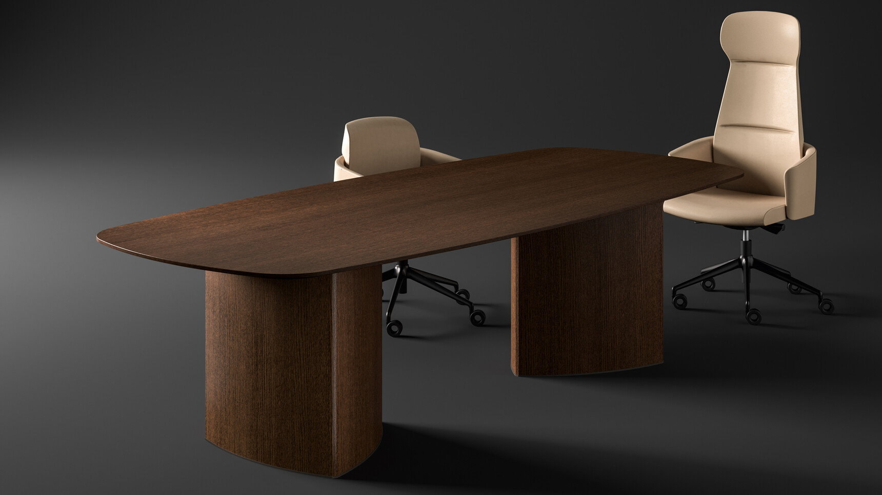 Bralco Trilo Shaped Meeting Table Wood Finish With Leather Chairs Family Image