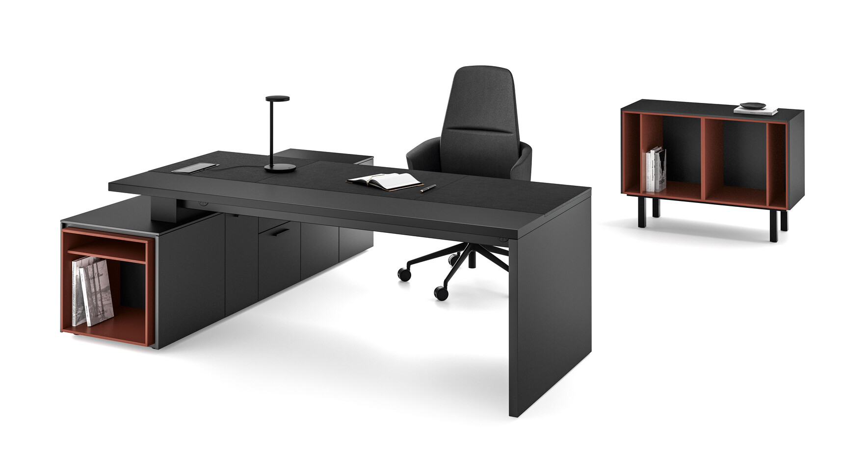 Bralco Sile L-Shaped Managerial Office Desk With Return Storage Unit & Leather Cover Black Leather Top Family Image
