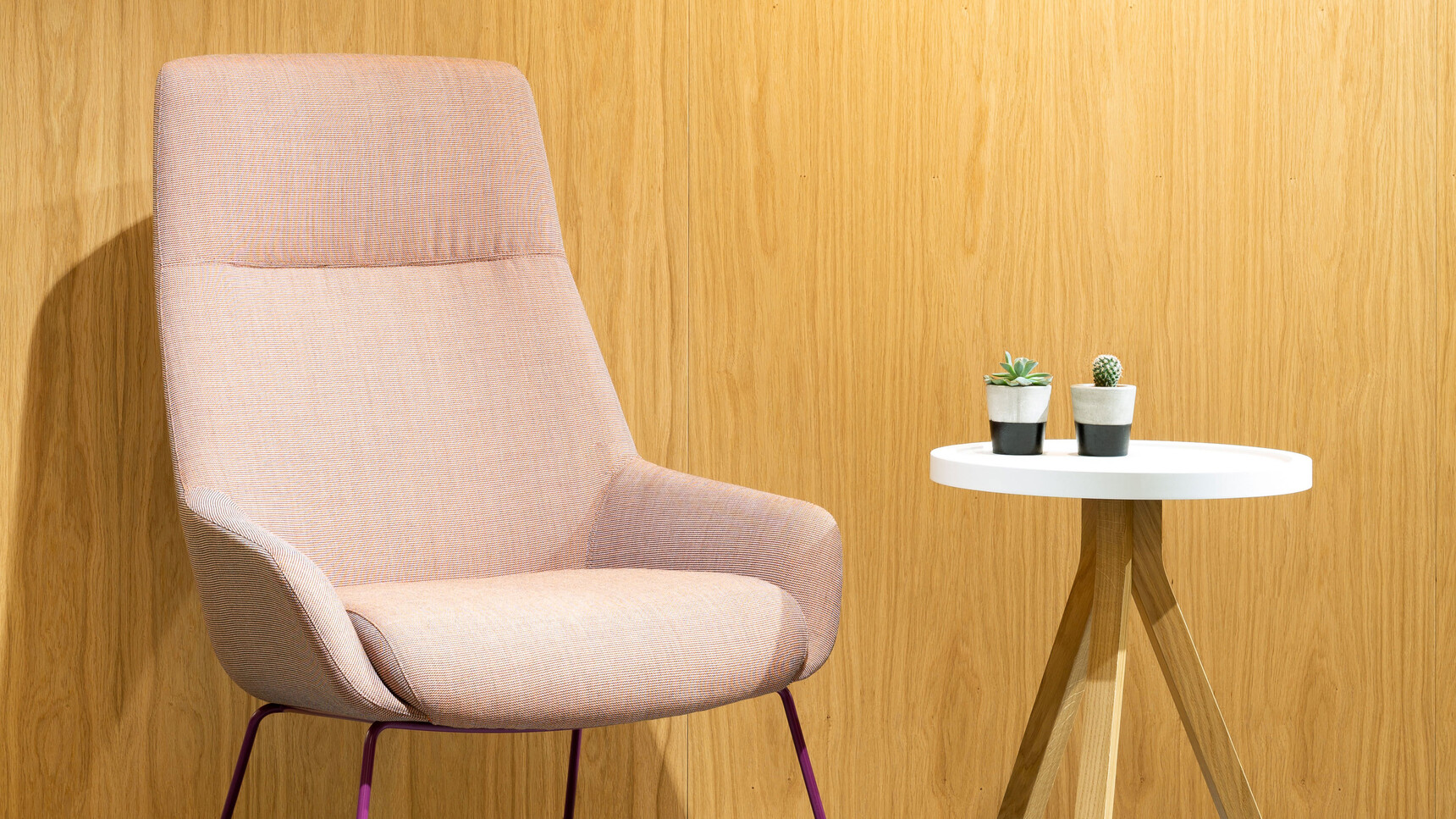 Boss Design Marnie High Back Sled Base Lounge Chairs With Light Pink Upholstery And Purple Wire Sled Base Finish At Table With White Finish And Wood Base Finish Detail Image