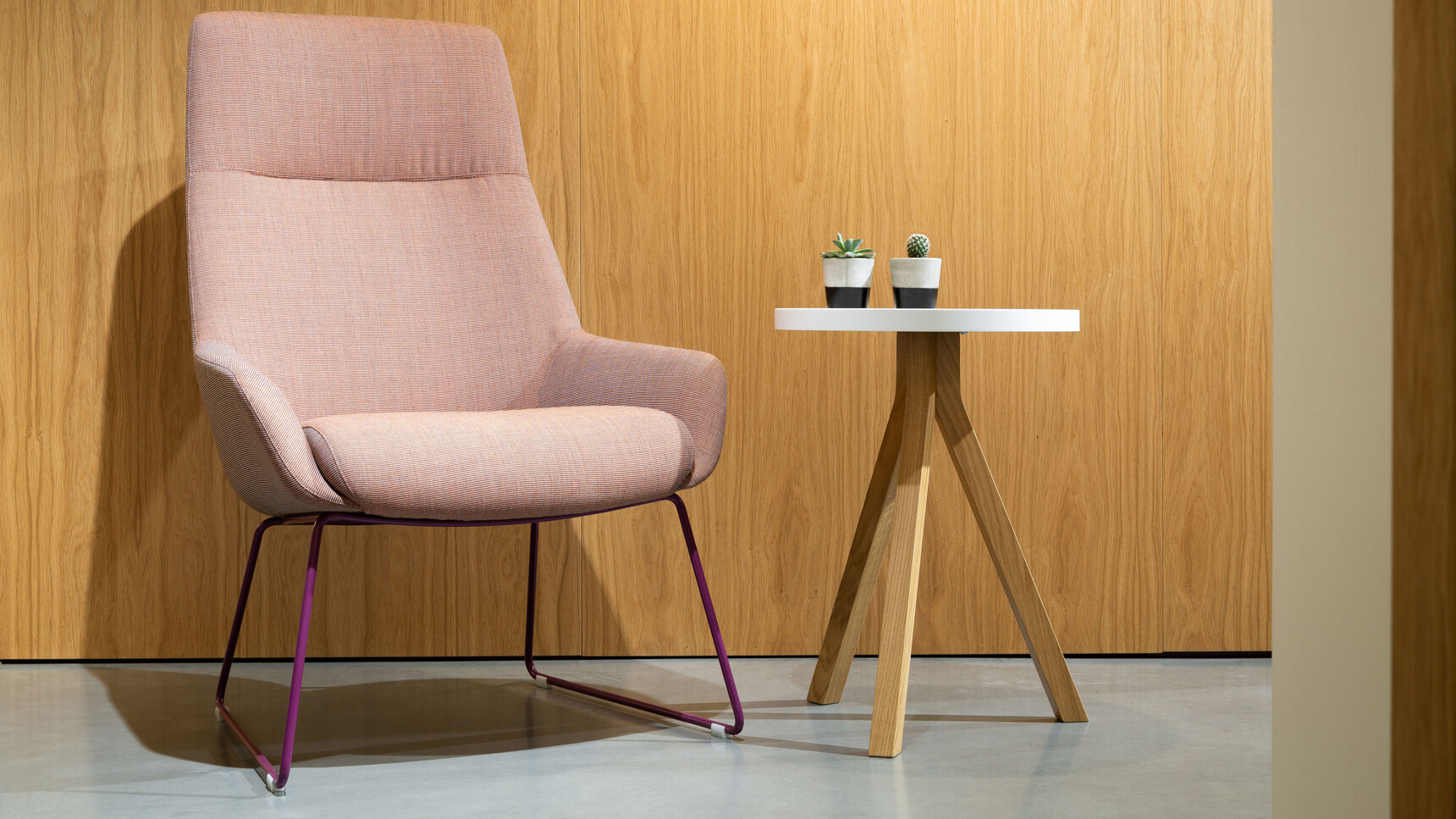 Boss Design Marnie High Back Sled Base Lounge Chairs With Light Pink Upholstery And Purple Wire Sled Base Finish At Table With White Finish And Wood Base Finish