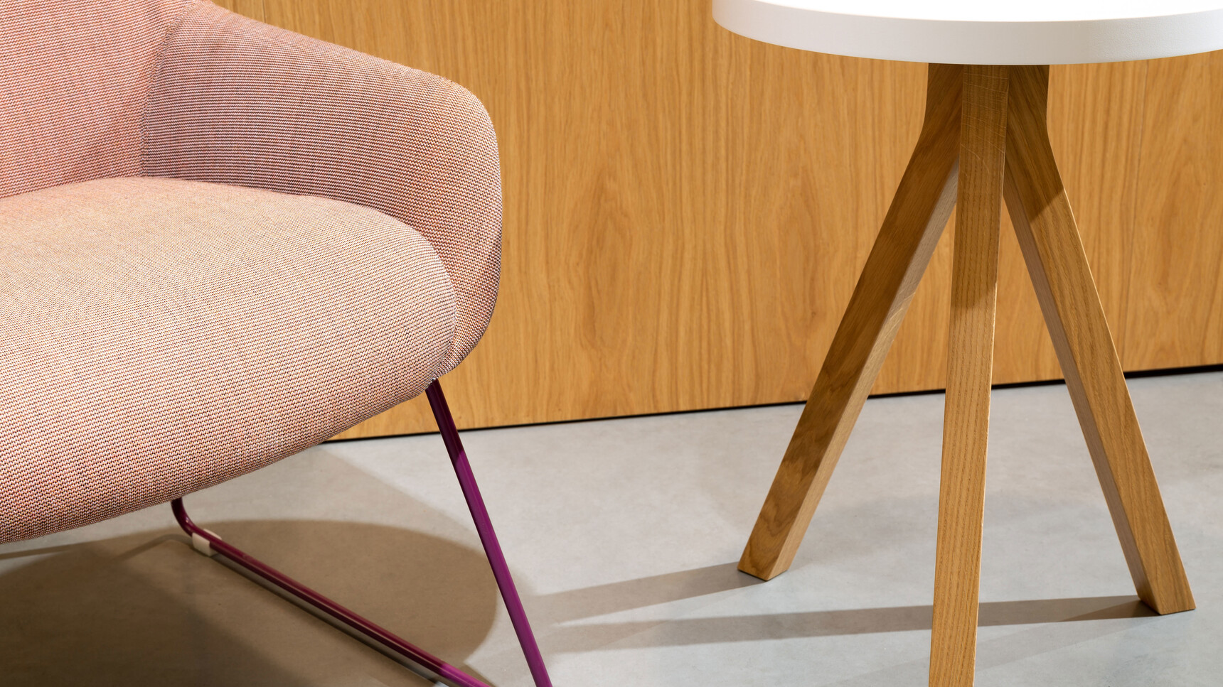 Boss Design Marnie High Back Sled Base Lounge Chair With Light Pink Upholstery And Purple Wire Sled Base Finish At Table With White Finish And Wood Base Finish