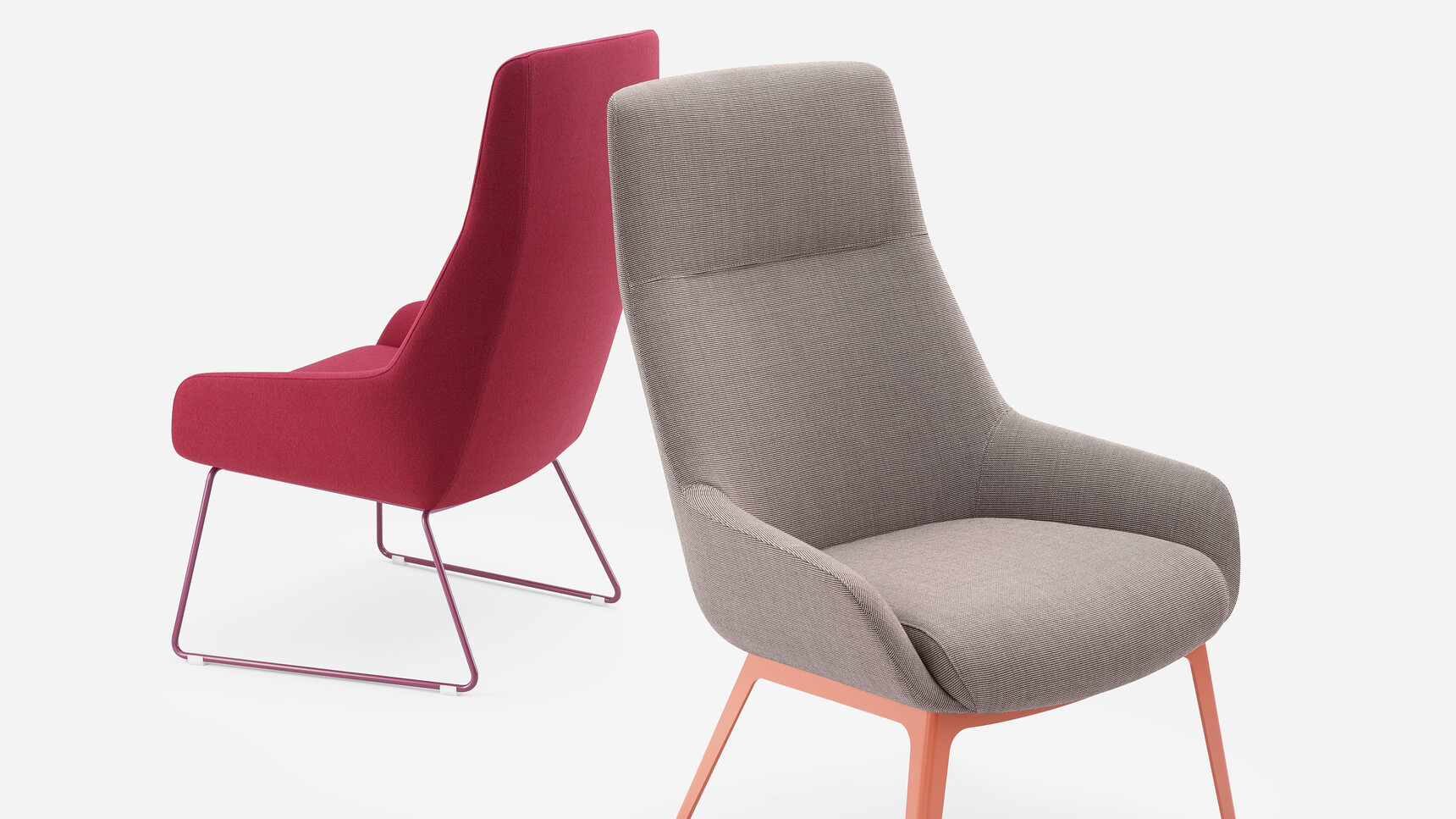 Boss Design Marnie High Back Sled Base Lounge Chairs With Red Upholstery And Red Wire Sled Base Finish And Marnie High Back Metal Base Lounge Chair With Grey Upholstery And Orange Metal Legs