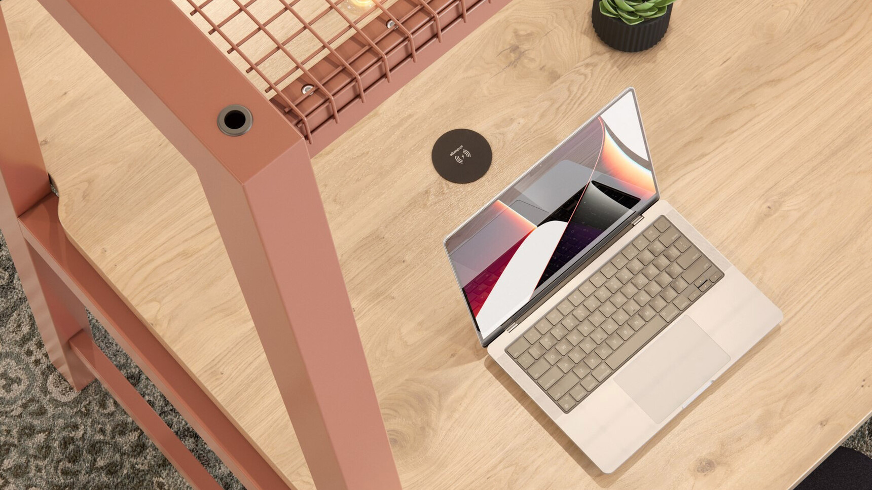 Elite Office Furniture Alto Canopy High Bench With Support Frame Terracotta Detail Image With Laptop