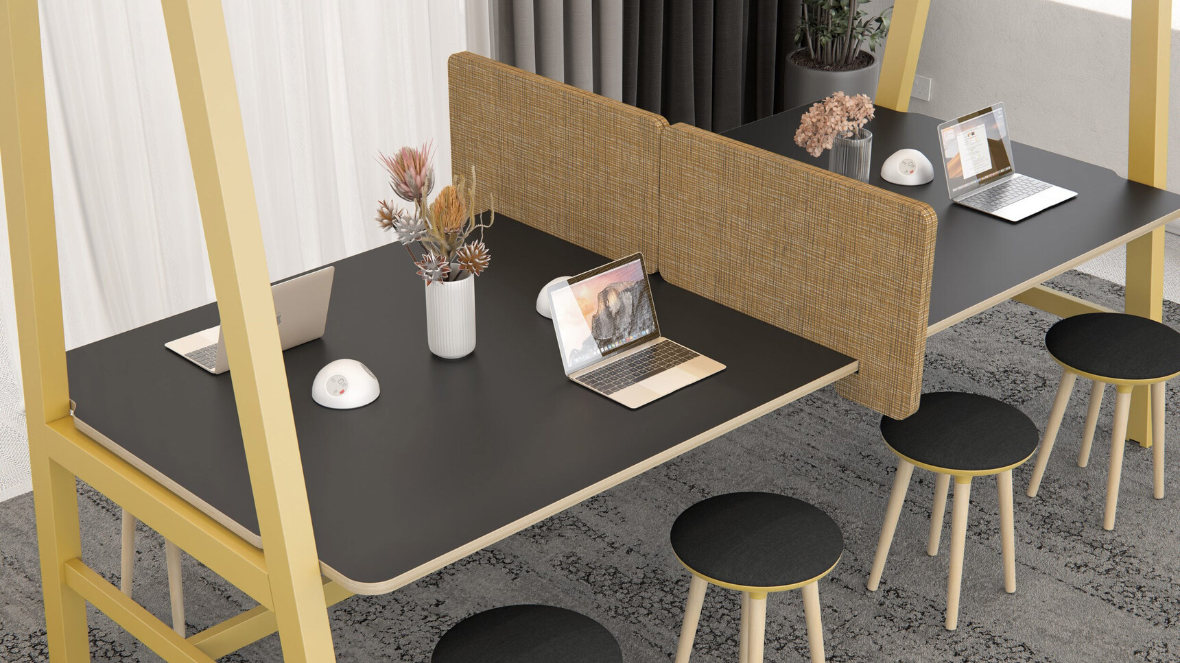 Elite Office Furnished Alto Canopy Low Bench With Support Frame Mustard Yellow Finish In Office Setting